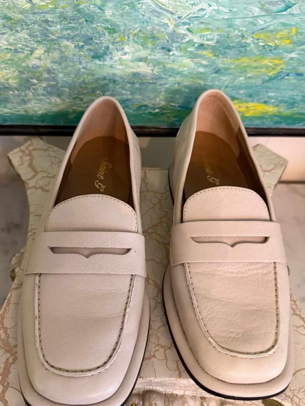 SAINT G Carla Off-White Leather Penny Loafers - Classic Slip-On Dress Shoes